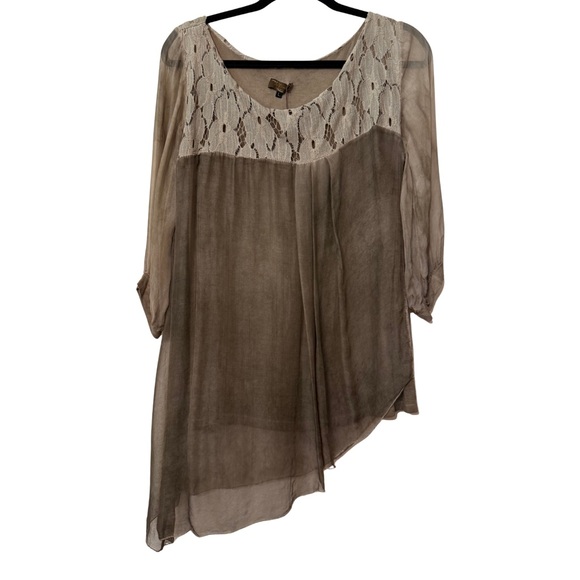 H Trend Brown 100% Silk Lace Boho 3/4 Sleeve Lagenlook Top Size Large - Picture 1 of 7